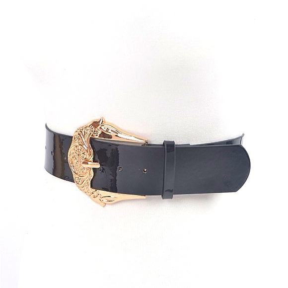 Plus Size White & Gold Patent Leather Statement Belt - Picture 6 of 9